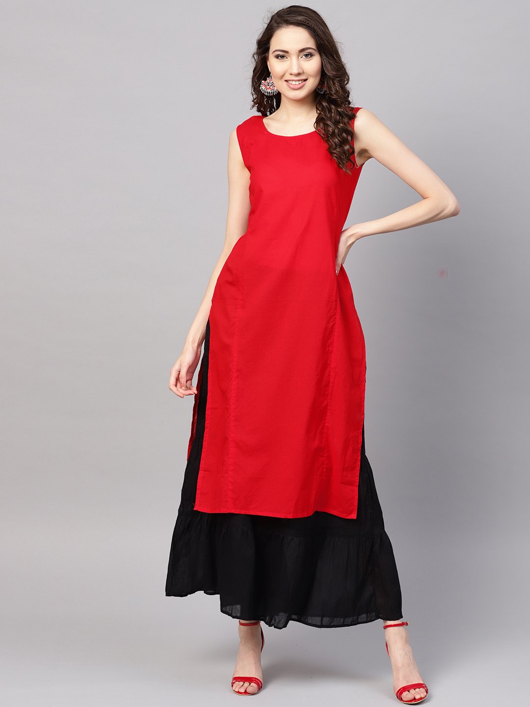 Women's Red Cotton Printed Half Sleeve Round Neck Casual Kurta Only - Myshka