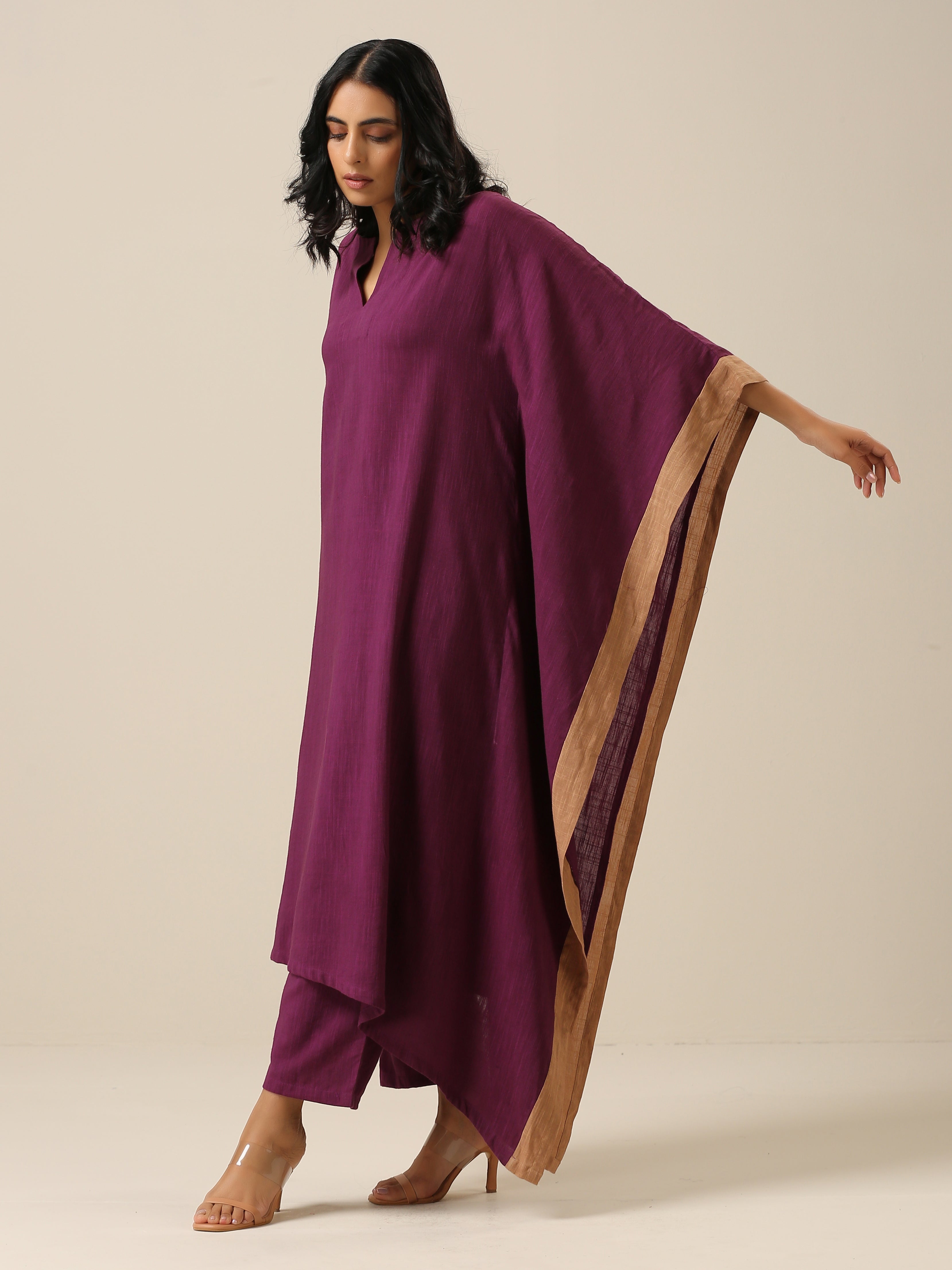 Women's Plum Purple Slub Texture High Low Kaftan Pant Set
