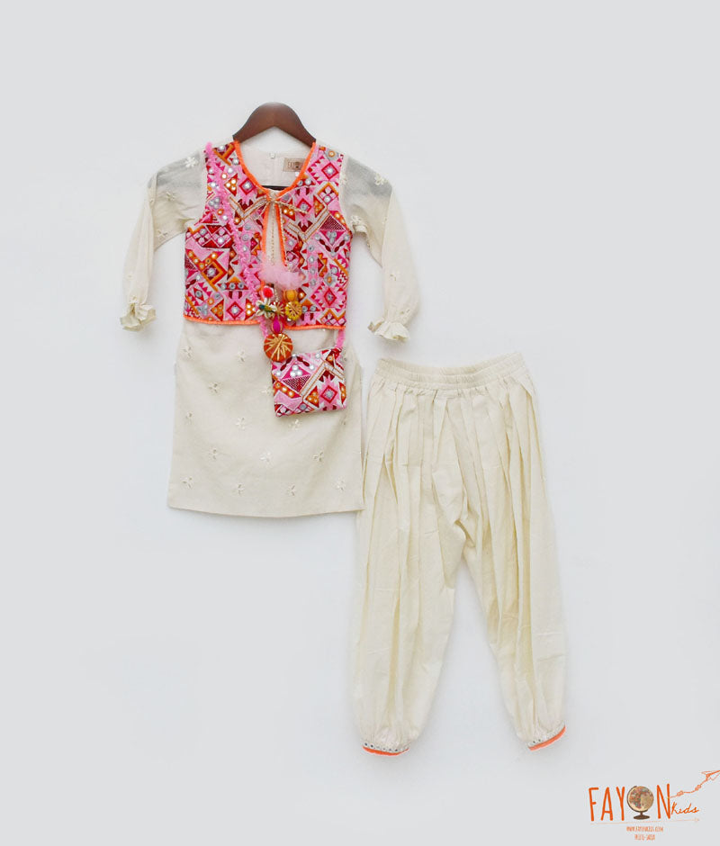 Girl's Multi Colored Embroidery Jacket And Kurti Pant - Fayon Kids