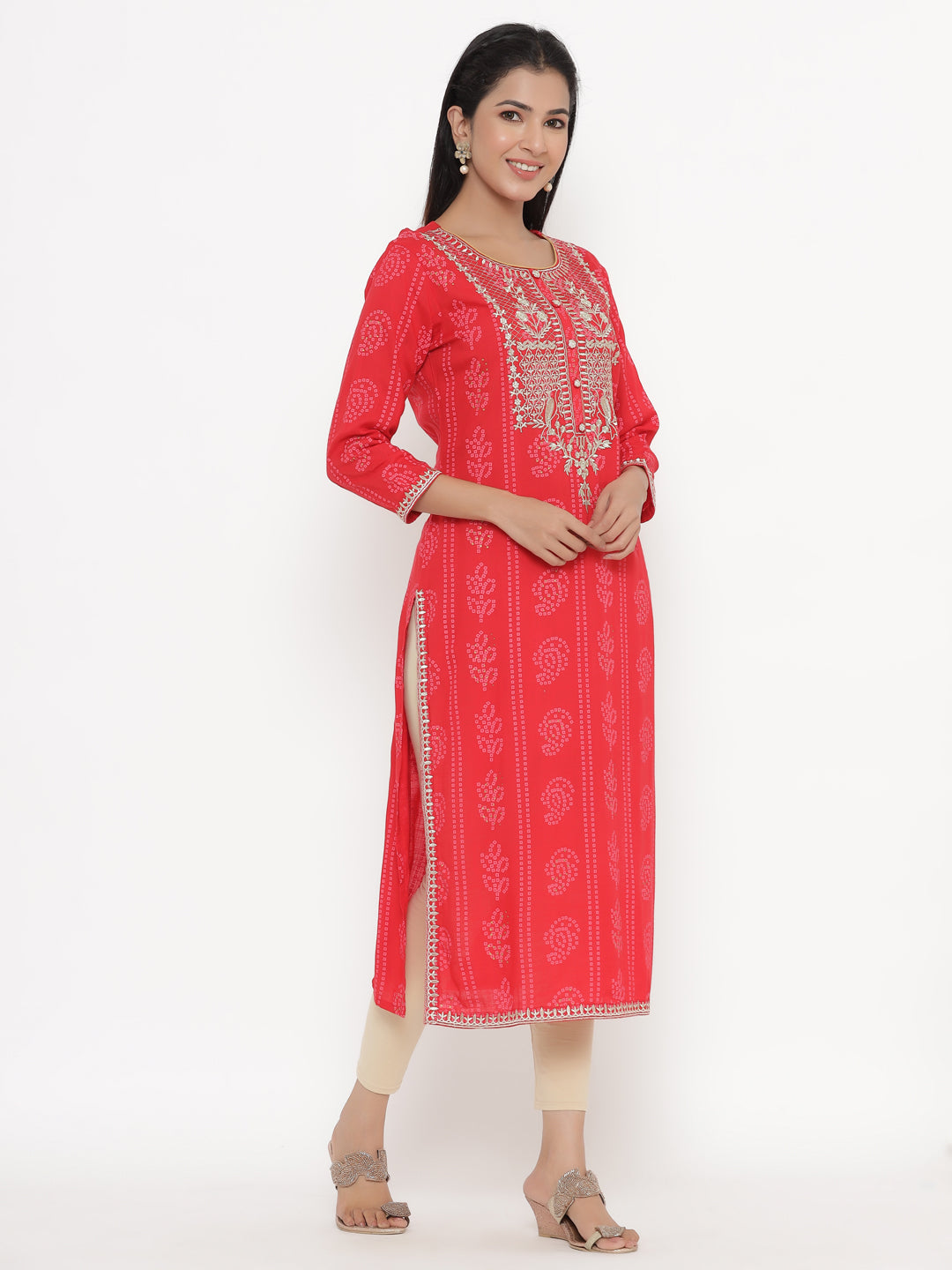 Women's Self Desgin Rayon Fabric Straight Kurta Red Color - Kipek