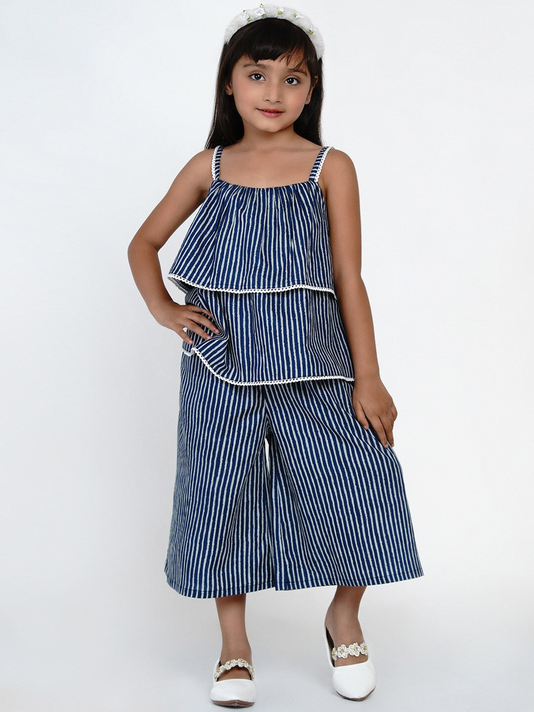 Girl's Blue & White Striped Top with Capris - NOZ2TOZ KIDS