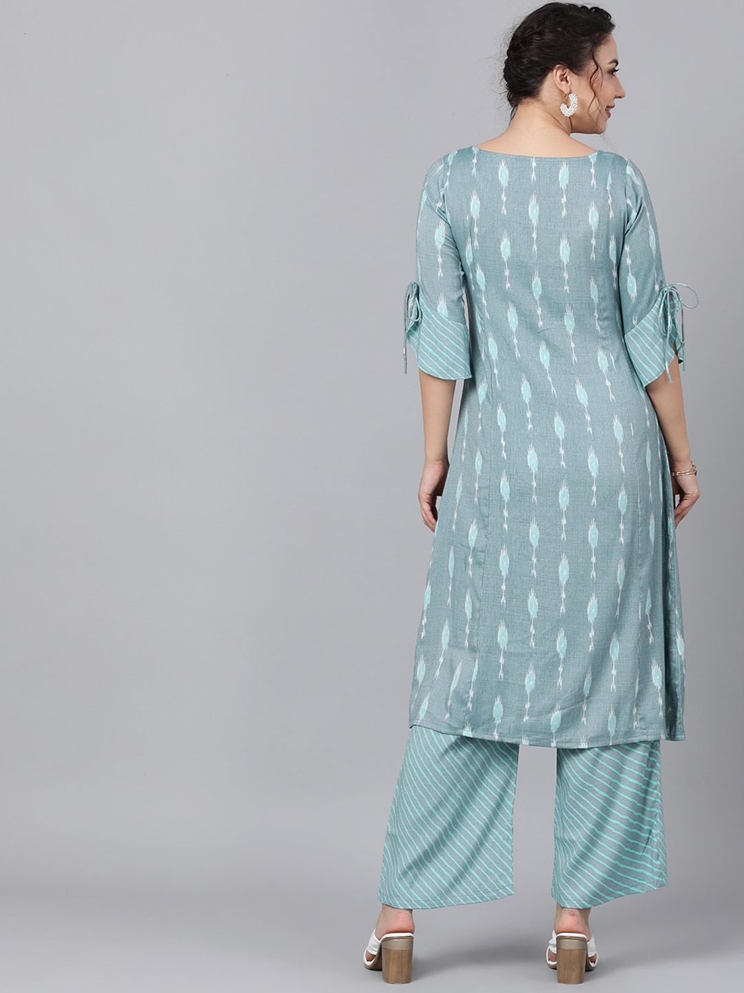 Women's  Grey & Sea Green Woven Design Kurta with Palazzos - AKS