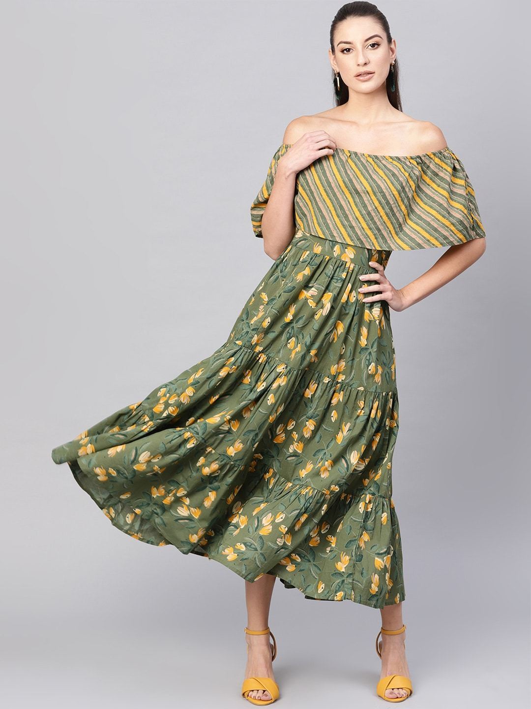 Women's  Olive Green & Mustard Yellow Floral Printed Maxi Off-Shoulder Tiered Dress - AKS