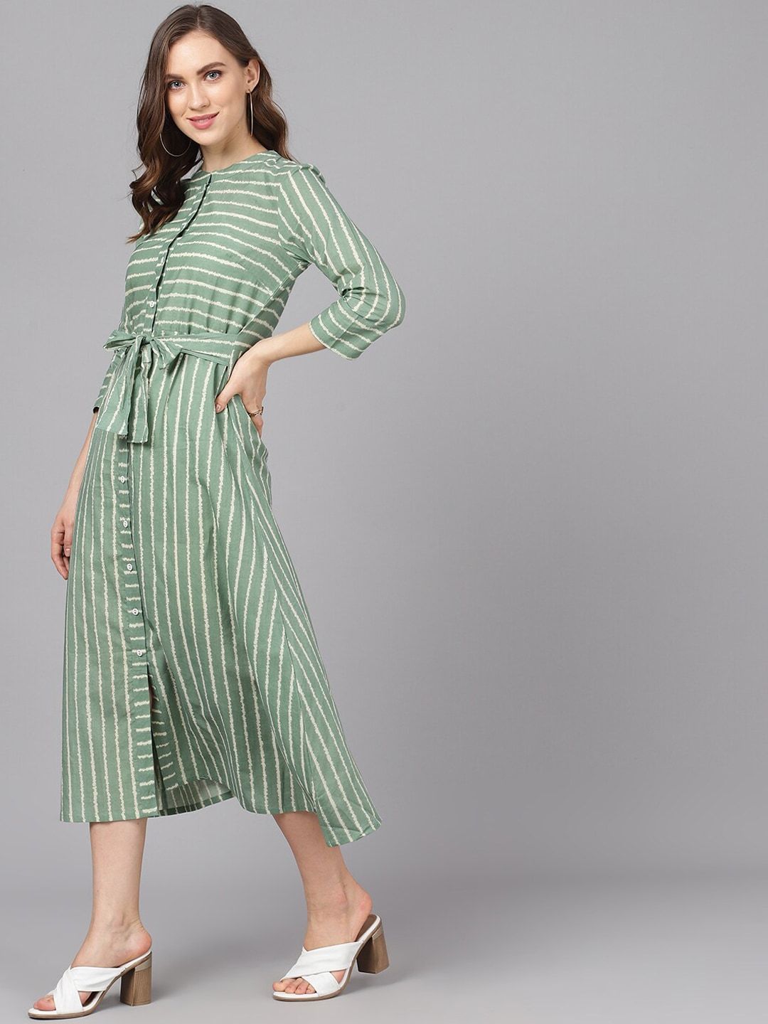 Women's  Green & Beige Striped A-Line Dress - AKS