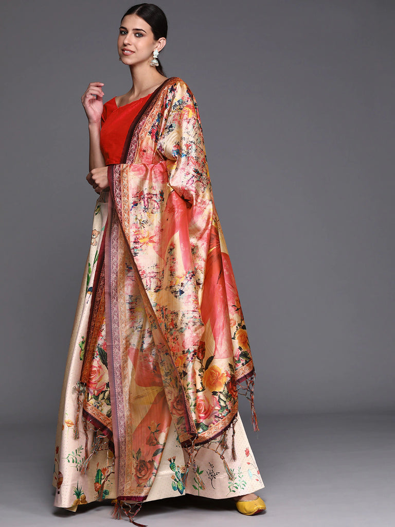 Women's Digital Print Shiney Satin Semistitched Lehenga Choli With Unstitched Blouse And Thred Work Dupatta