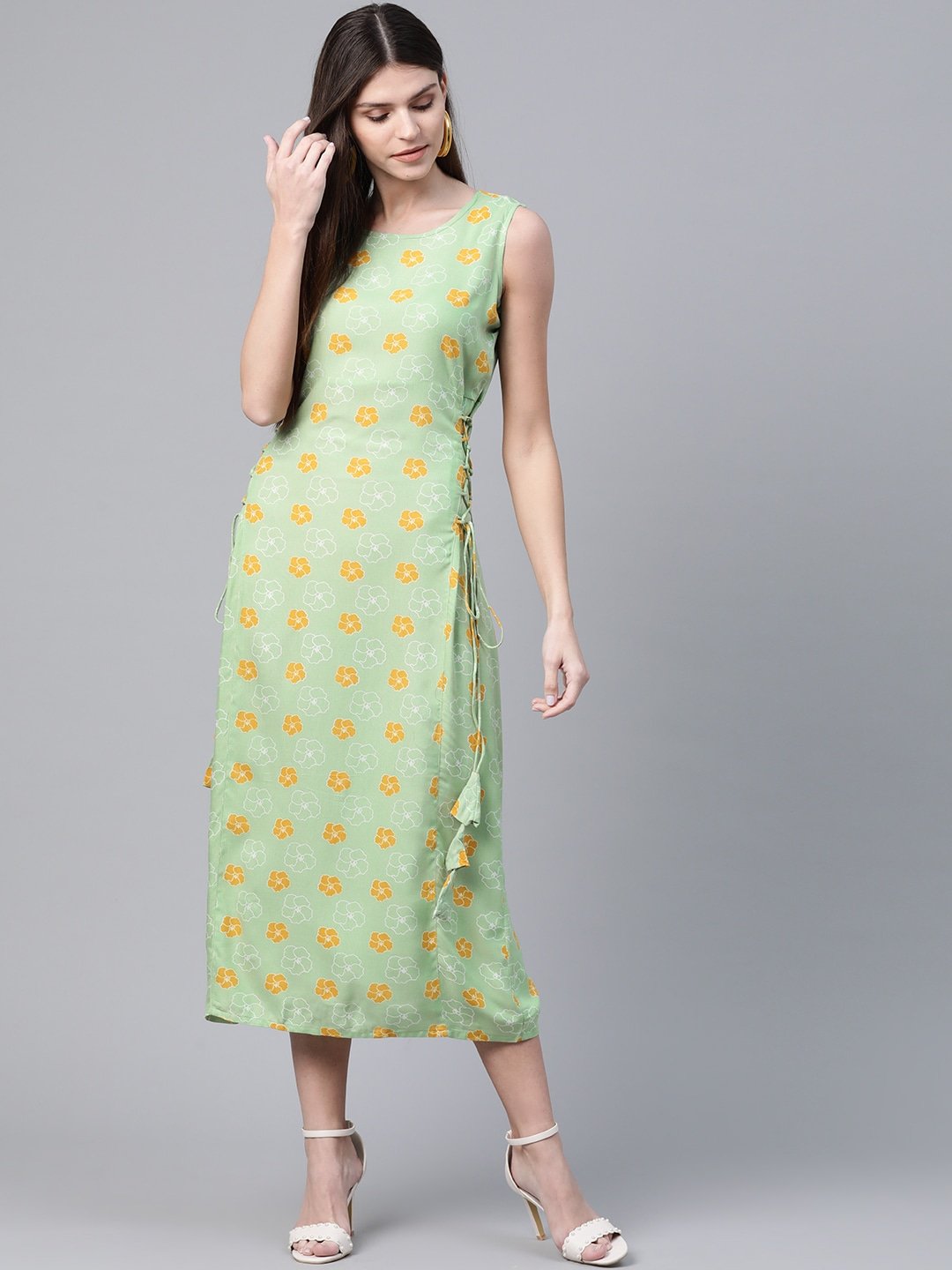 Women's  Green & Mustard Yellow Floral Printed A-Line Dress - AKS