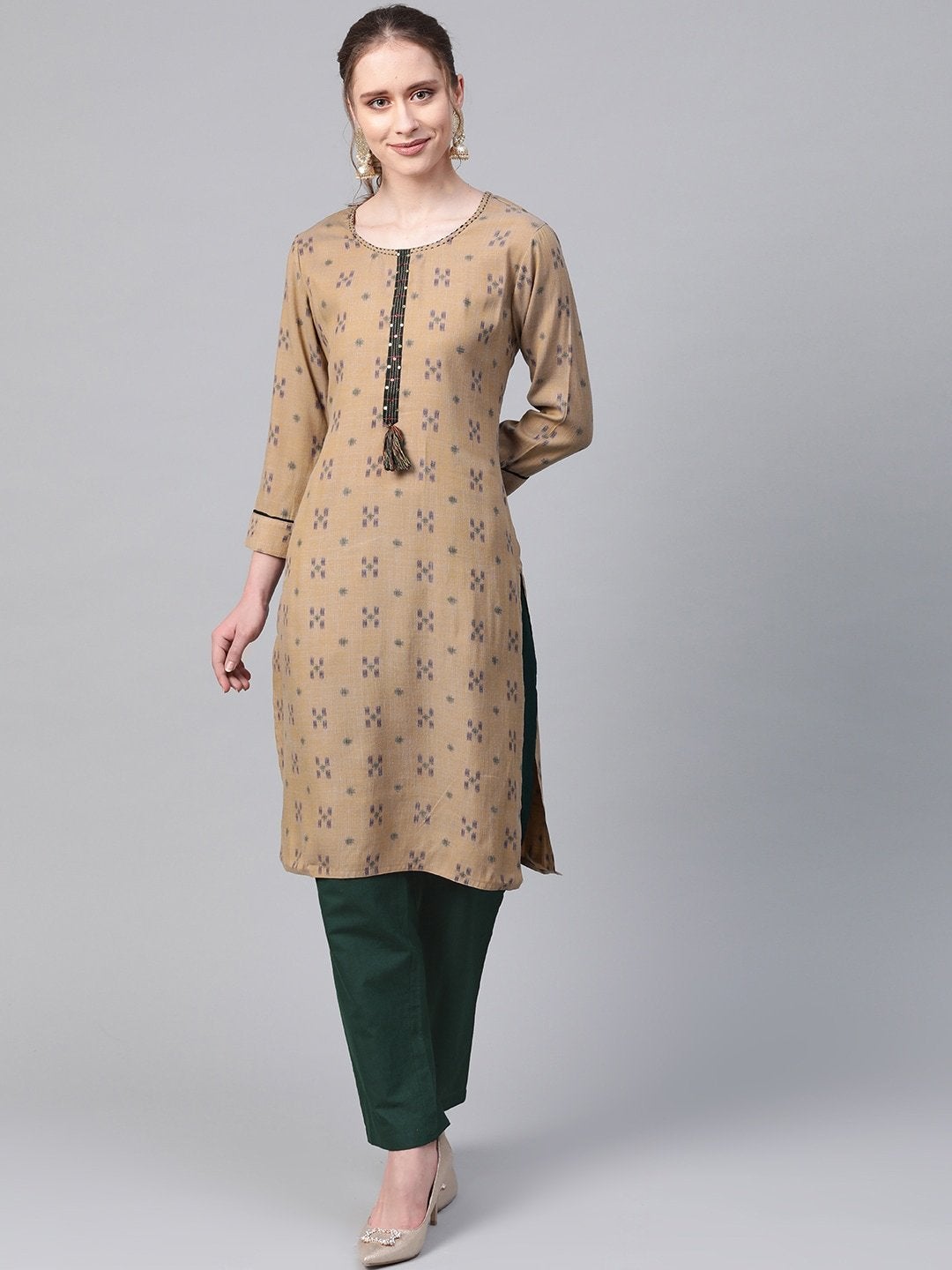 Women's Brown & Green Woven Design Kurta with Trousers - Meeranshi