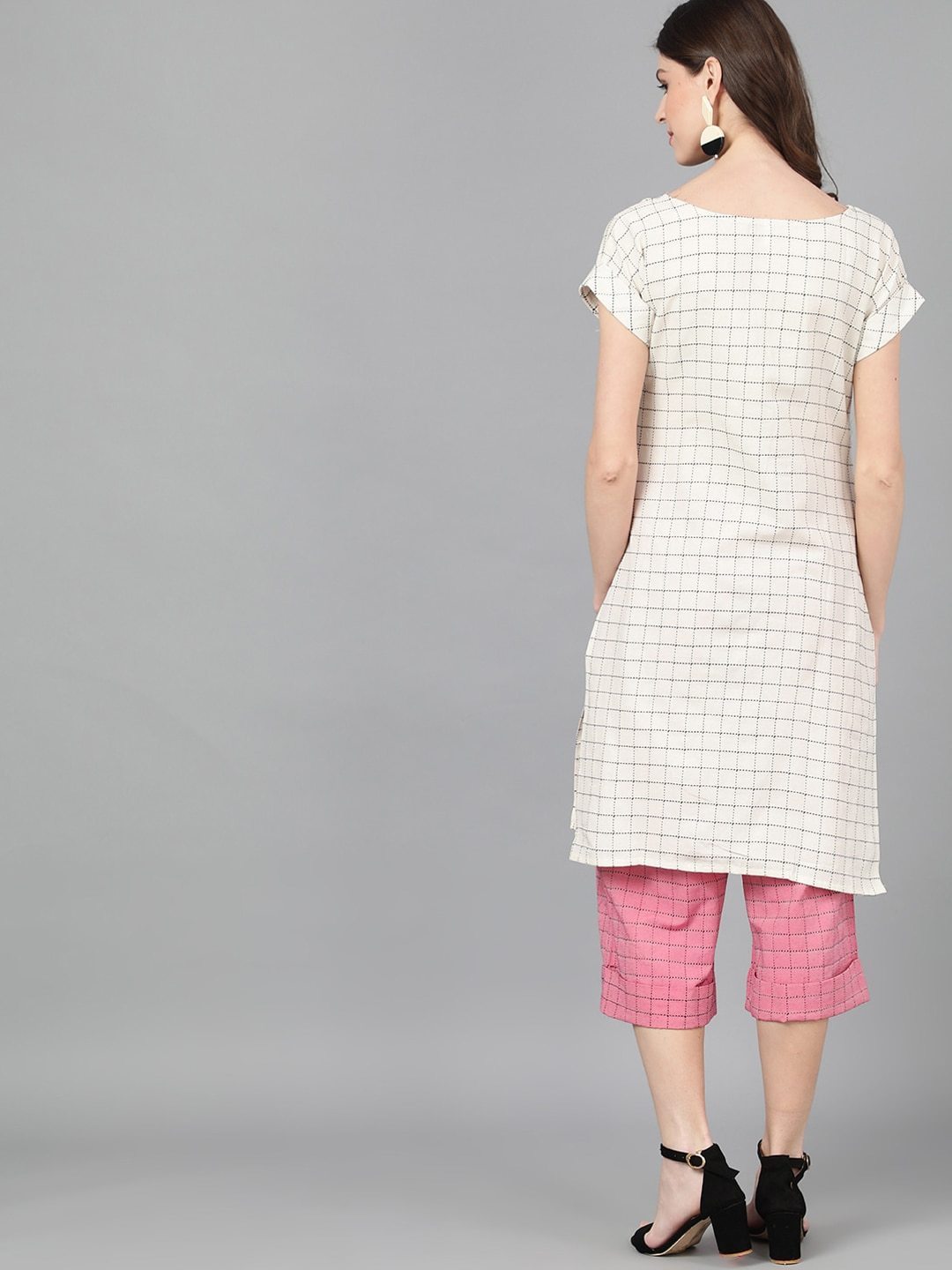 Women's  White & Pink Woven Design Kurta with Palazzos - AKS