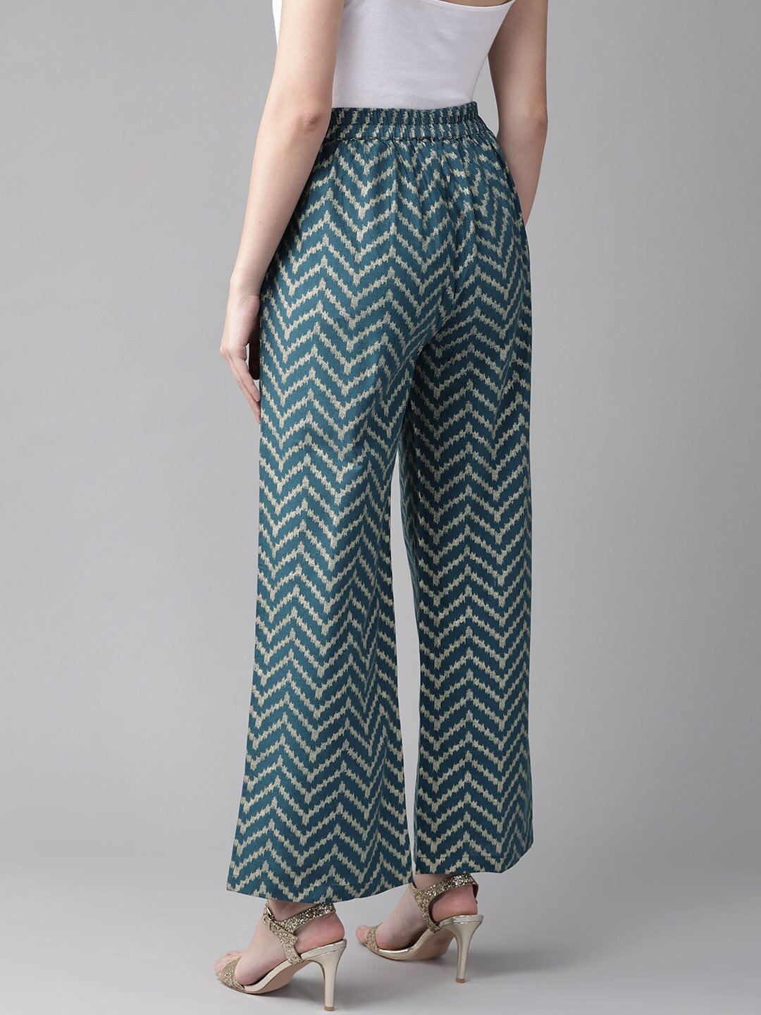 Women's  Teal Blue & Golden Printed Straight Palazzos - AKS