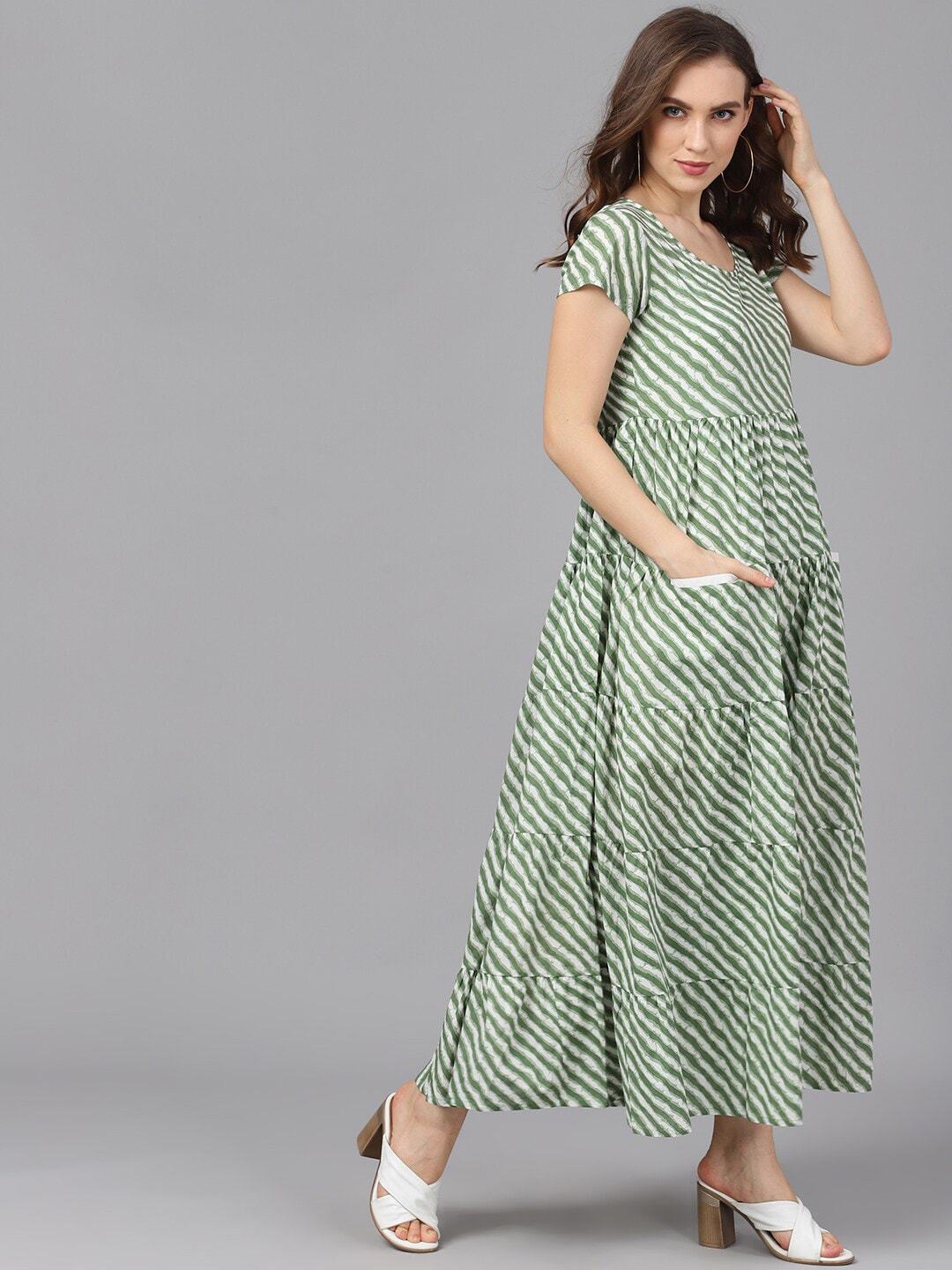 Women's  Green & White Striped Maxi Dress - AKS