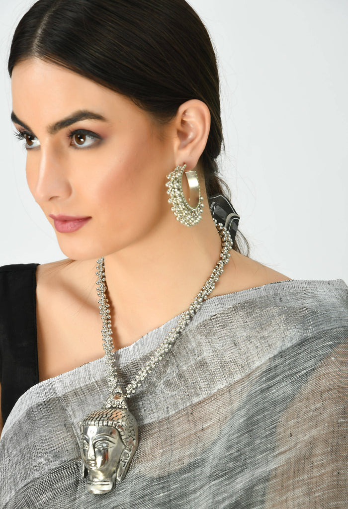 Johar Kamal German Silver Oxidised Budha Necklace with Ear
