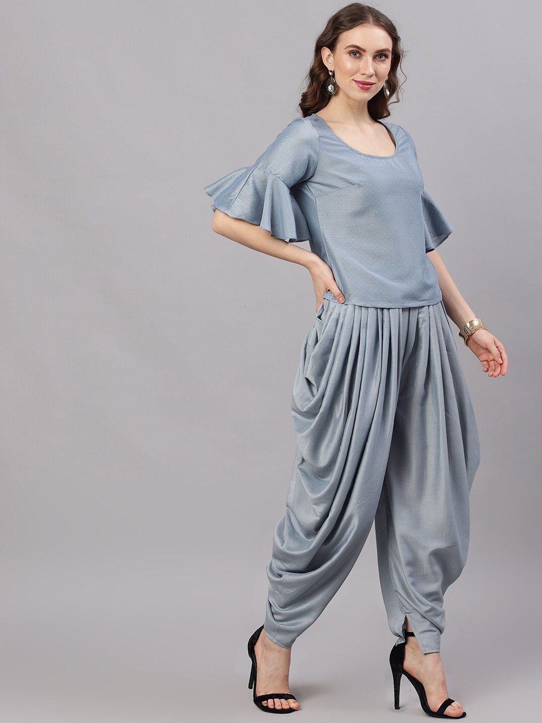 Women's Pastel Blue Chinon Design Top With Dhoti Pant - AKS
