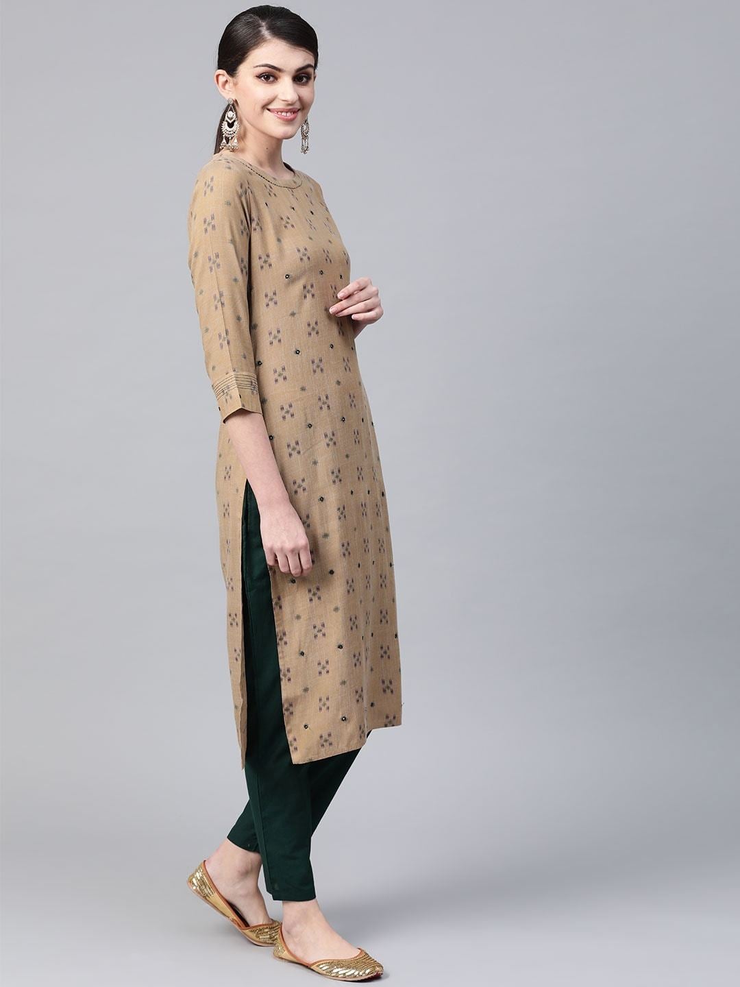 Women's Beige & Green Woven Design Kurta with Trousers - Meeranshi
