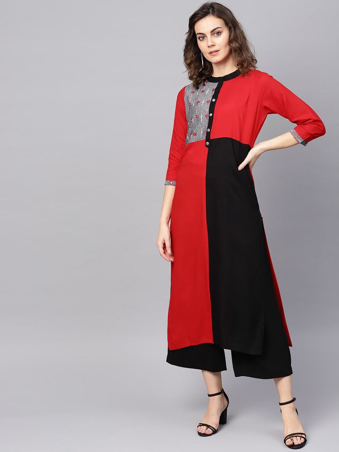 Women's Red & Black Ikat Handloom Colourblocked Straight Kurta - Varanga