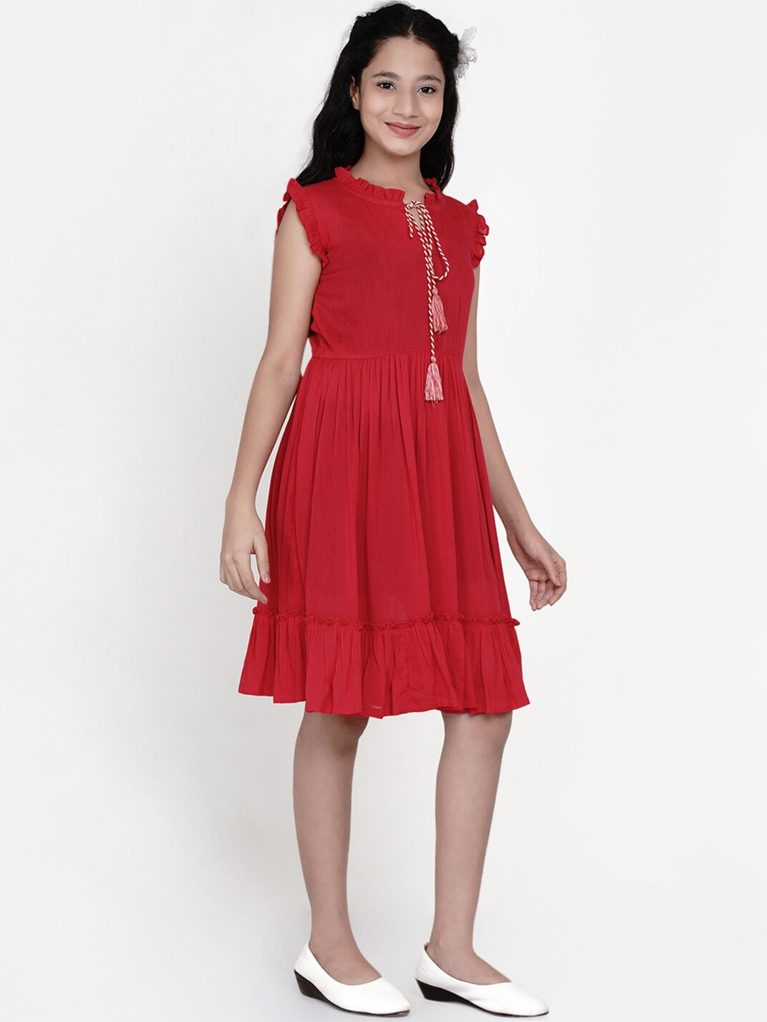 Girl's Red Tie-Up Neck Dress - NOZ2TOZ KIDS