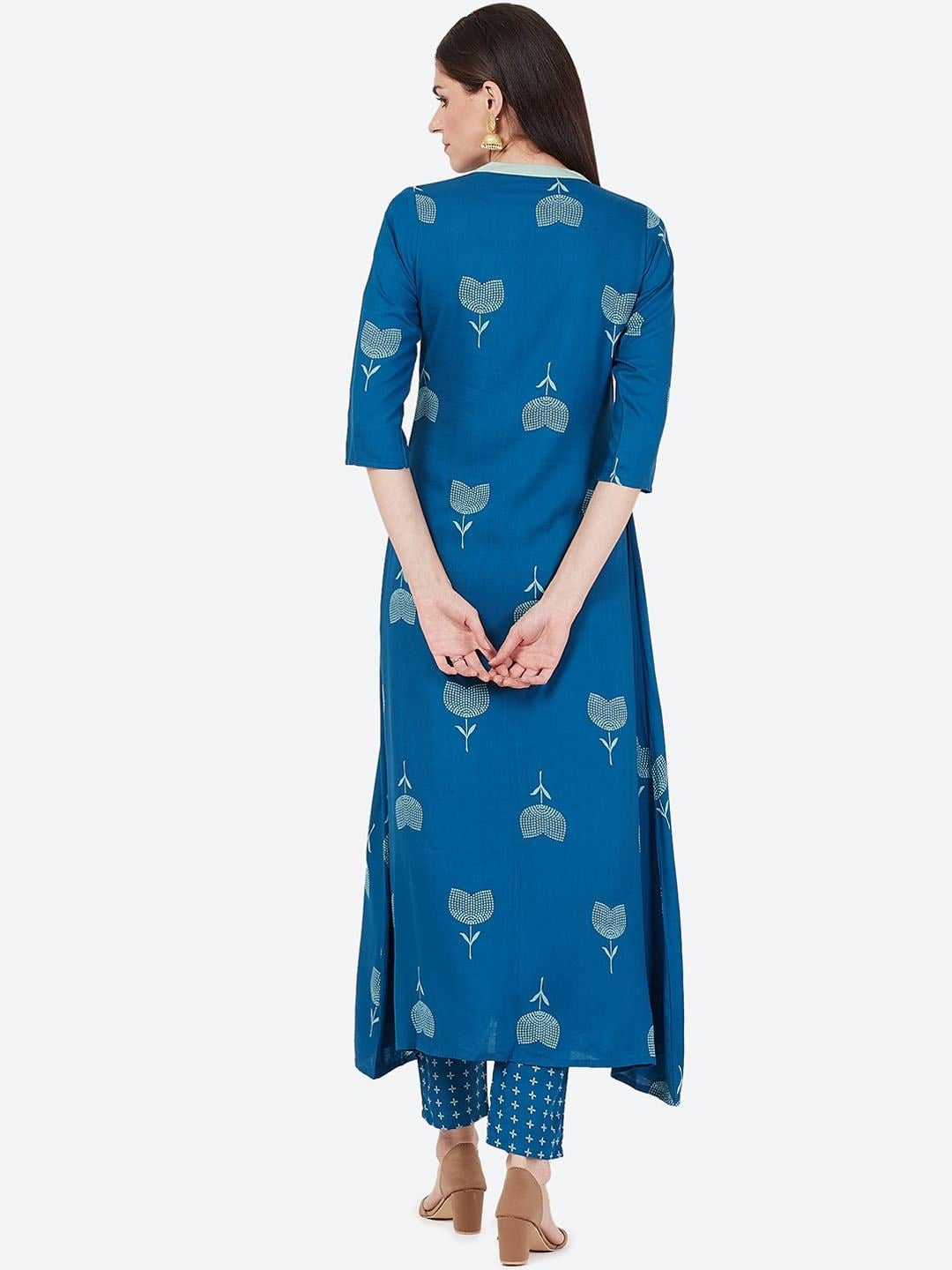 Women's Turquoise Blue Printed Kurta with Trousers - Meeranshi