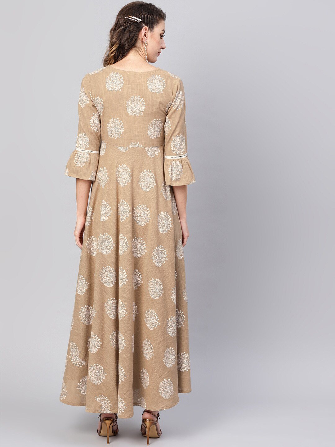 Women's  Beige & White Khari Print Maxi Dress - AKS