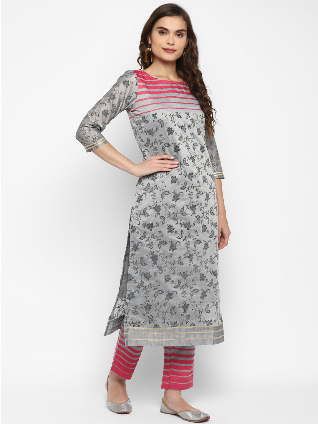 Women's Grey Color Chanderi Silk Straight Printed Kurta Pant Set - VAABA