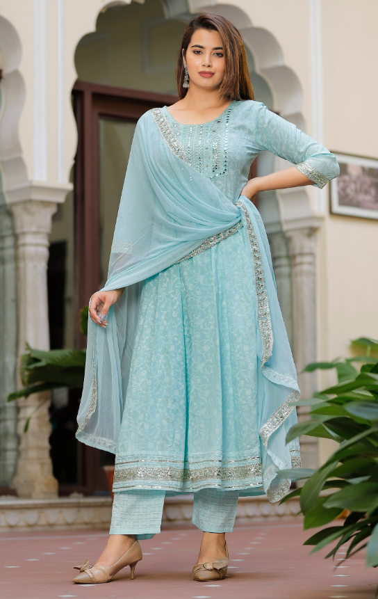 Women's Sky Blue Anarkali Embroidered Kurta With Pant And Dupatta Set