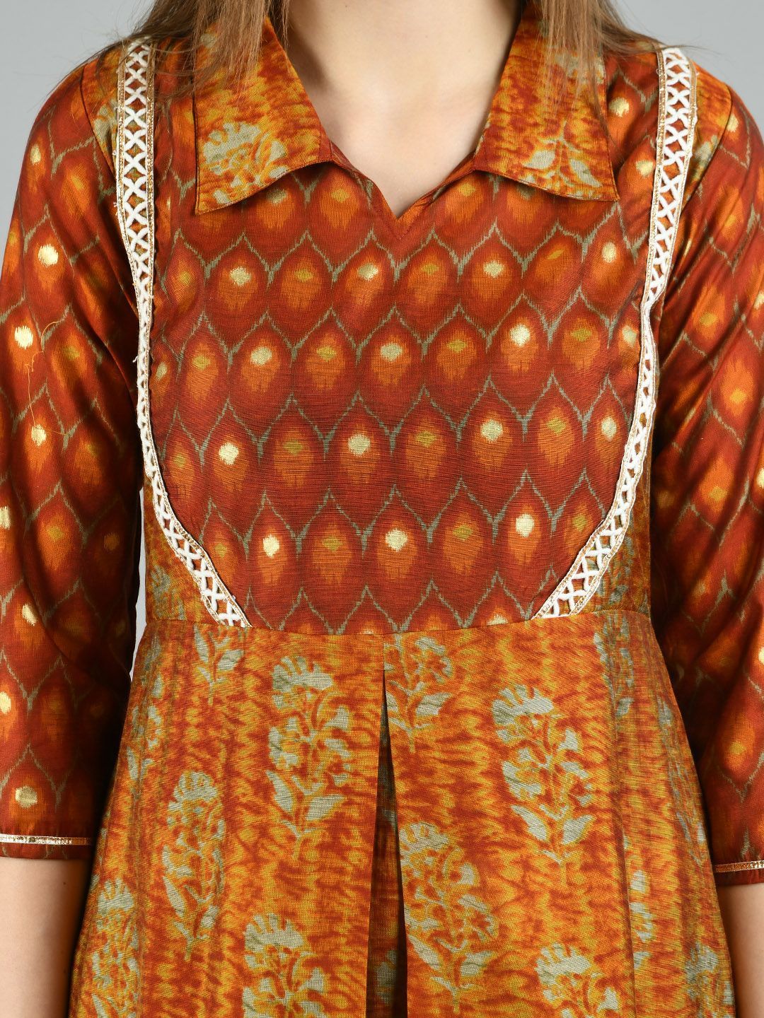 Women's Brown Silk Printed 3/4 Sleeve Shirt Coller Casual Dress - Myshka