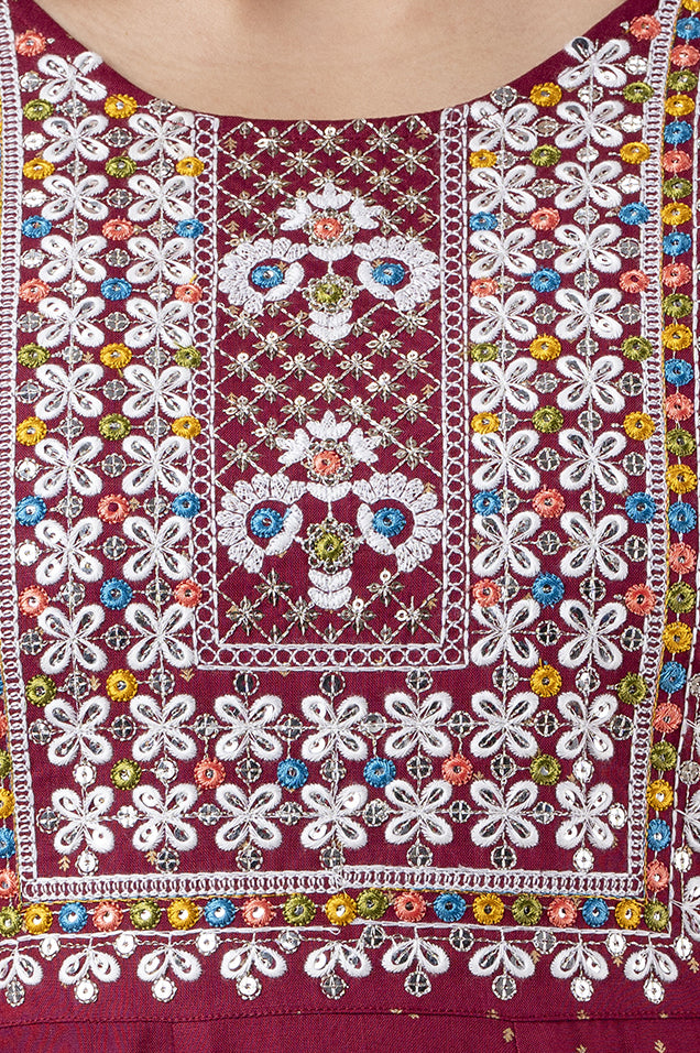Women's Embroidered Viscose Rayon Anarkali Kurta (Wine) - Charu