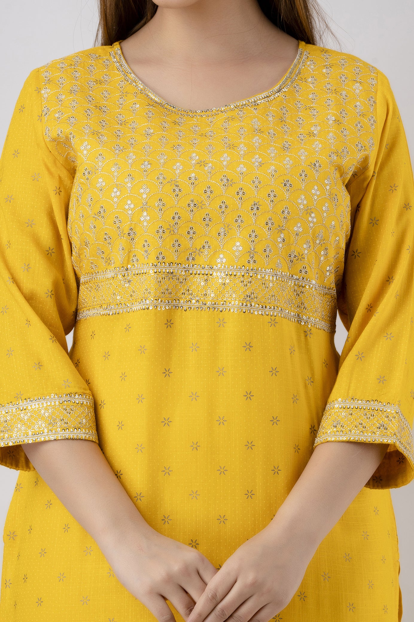 Women's Embroidered Viscose Rayon Straight Kurta (Mustard) - Charu