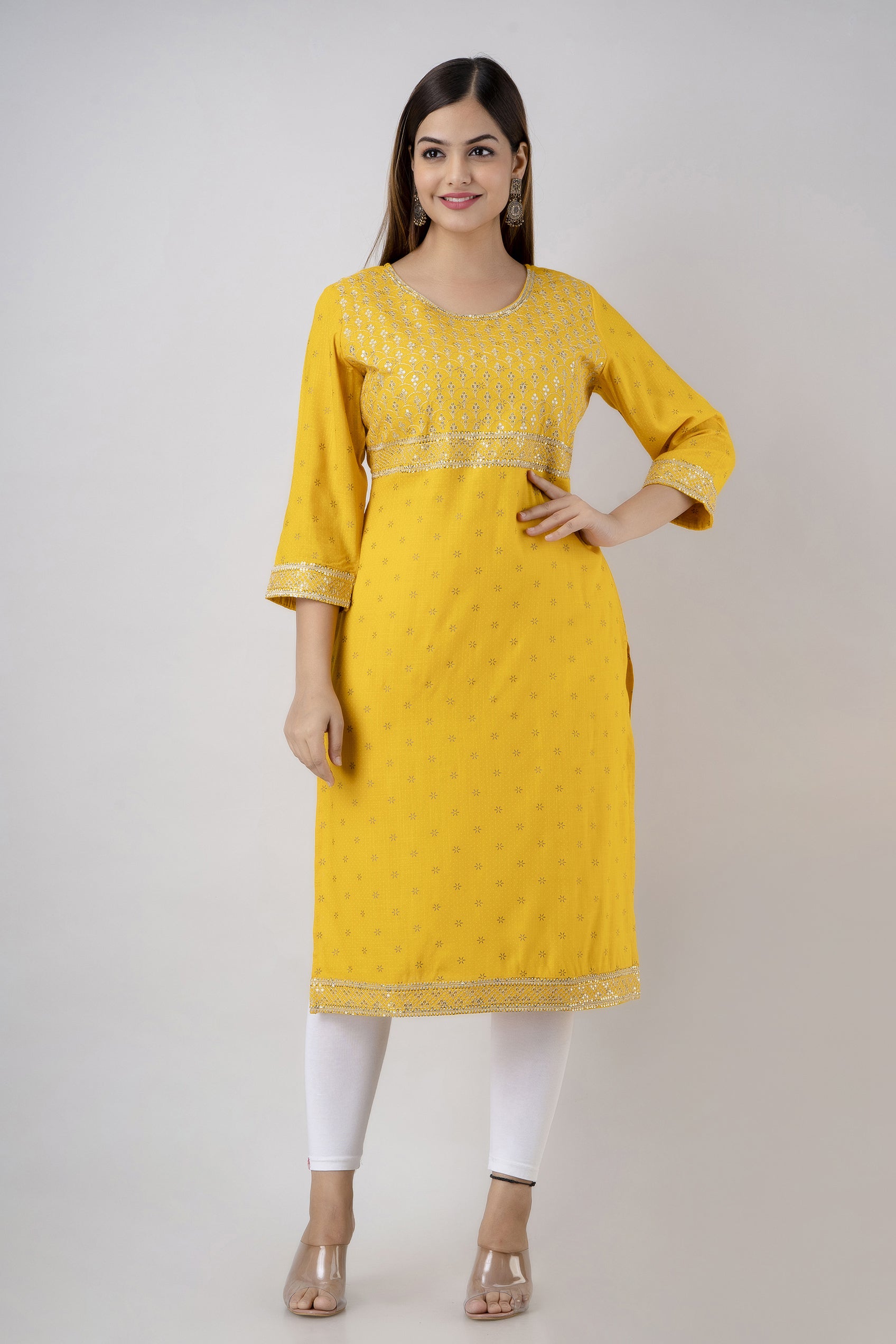 Women's Embroidered Viscose Rayon Straight Kurta (Mustard) - Charu