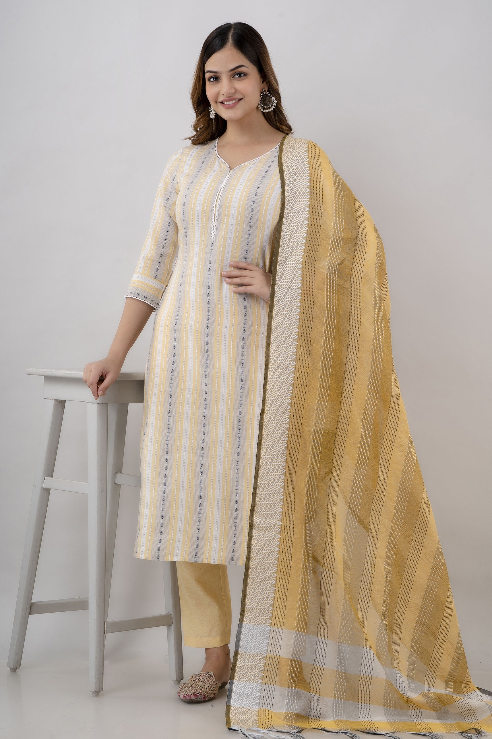 Women's Striped Cotton Blend Straight Kurta Pant & Dupatta Set (Yellow) - Charu