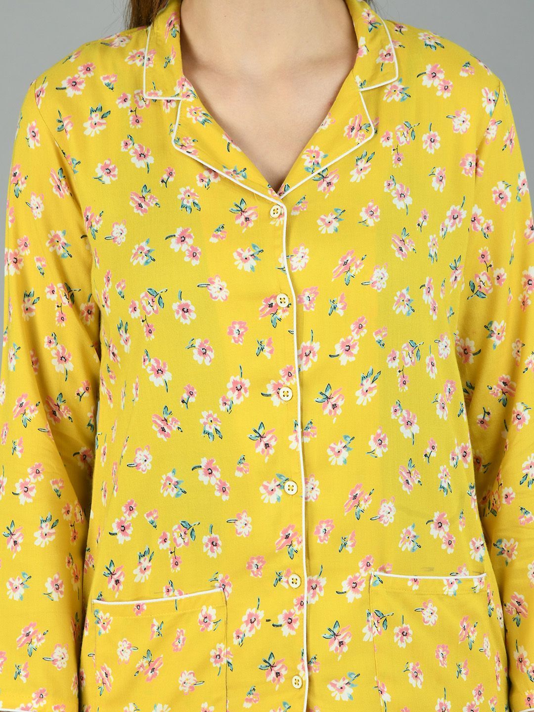Women's Yellow Cotton Printed Full Sleeve Shirt Collar Casual Shirt Pyjama Set - Myshka