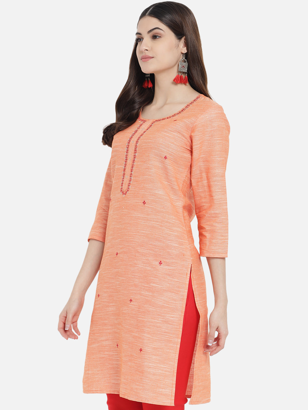 Women's Orange Color Straight Kurta - Aayumi