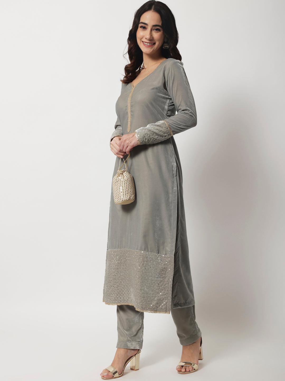 Women's Elegant Grey Velvet Straight Kurti With Straight Pants - Anokherang