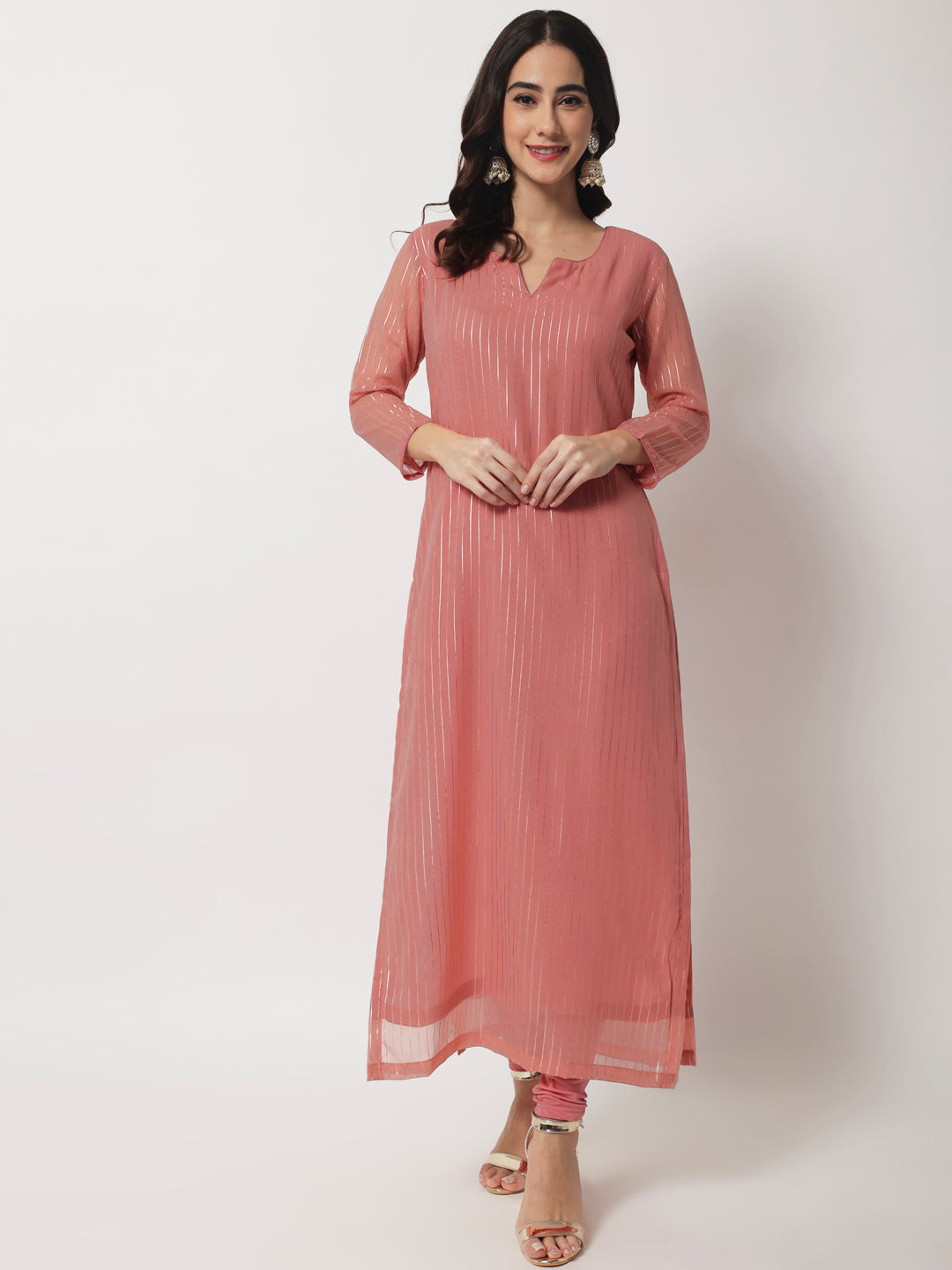 Women's Pink Glam Foil Lines Straight Kurti With Chudidar