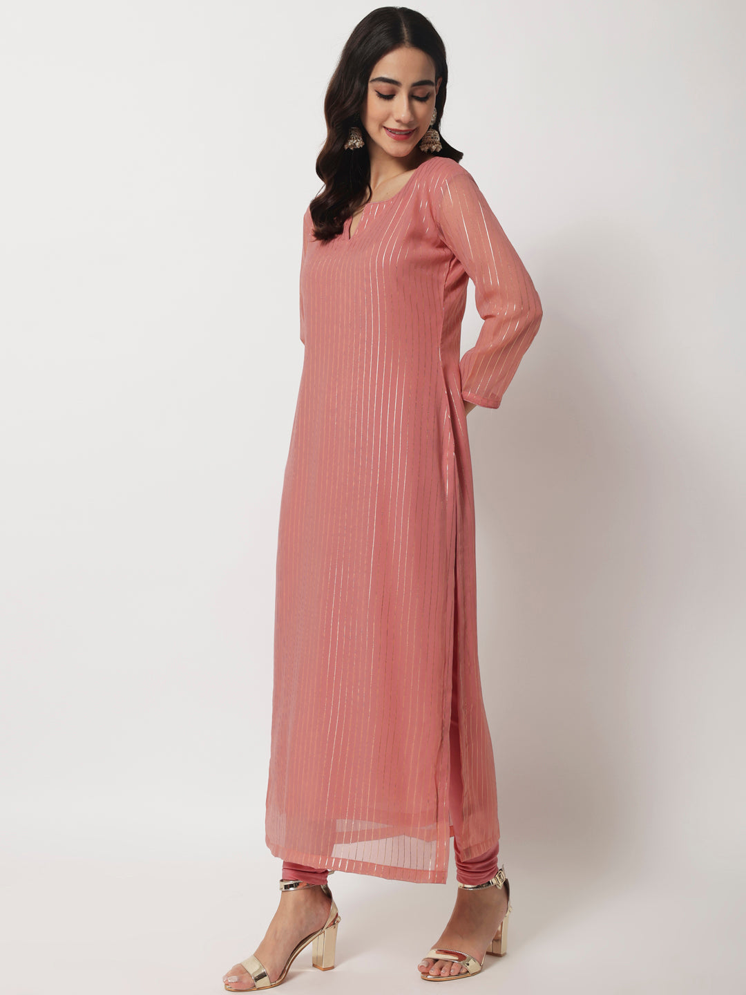 Women's Pink Glam Foil Lines Straight Kurti With Chudidar