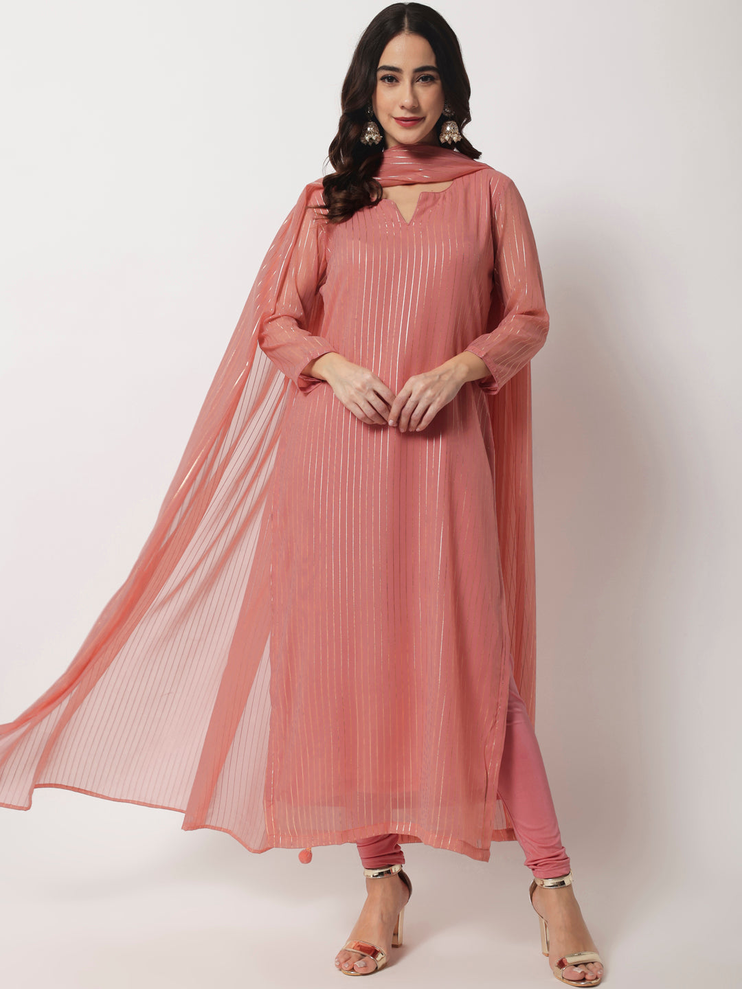 Women's Pink Glam Foil Lines Straight Kurti With Chudidar And Foil Dupatta