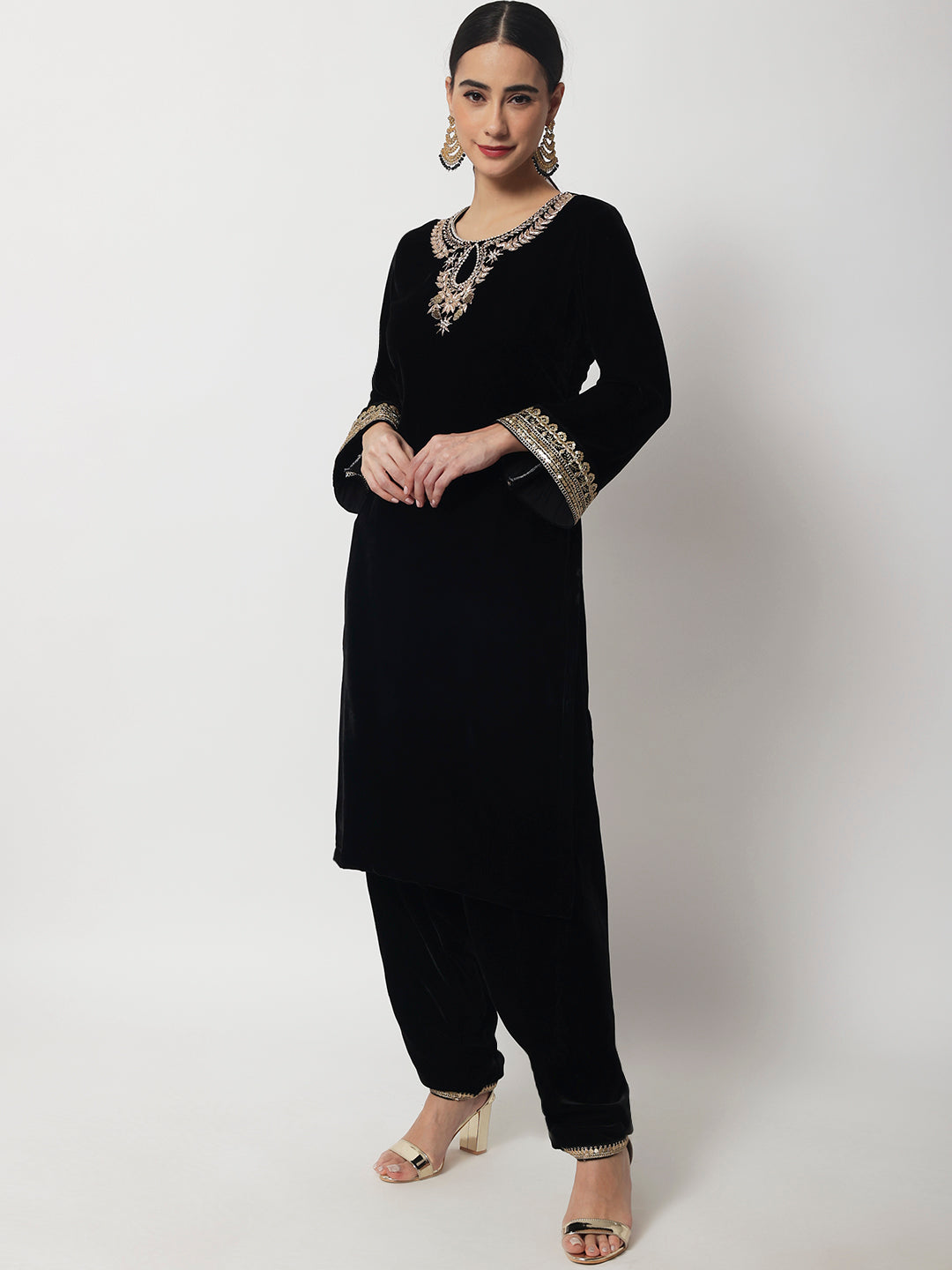 Women's Black Jewel Embroidered Velvet Kurti With Salwar