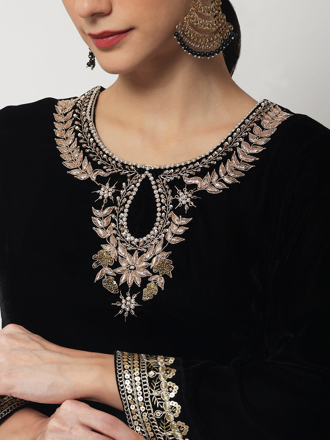Women's Black Jewel Embroidered Velvet Kurti With Salwar And Net Dupatta - Anokherang