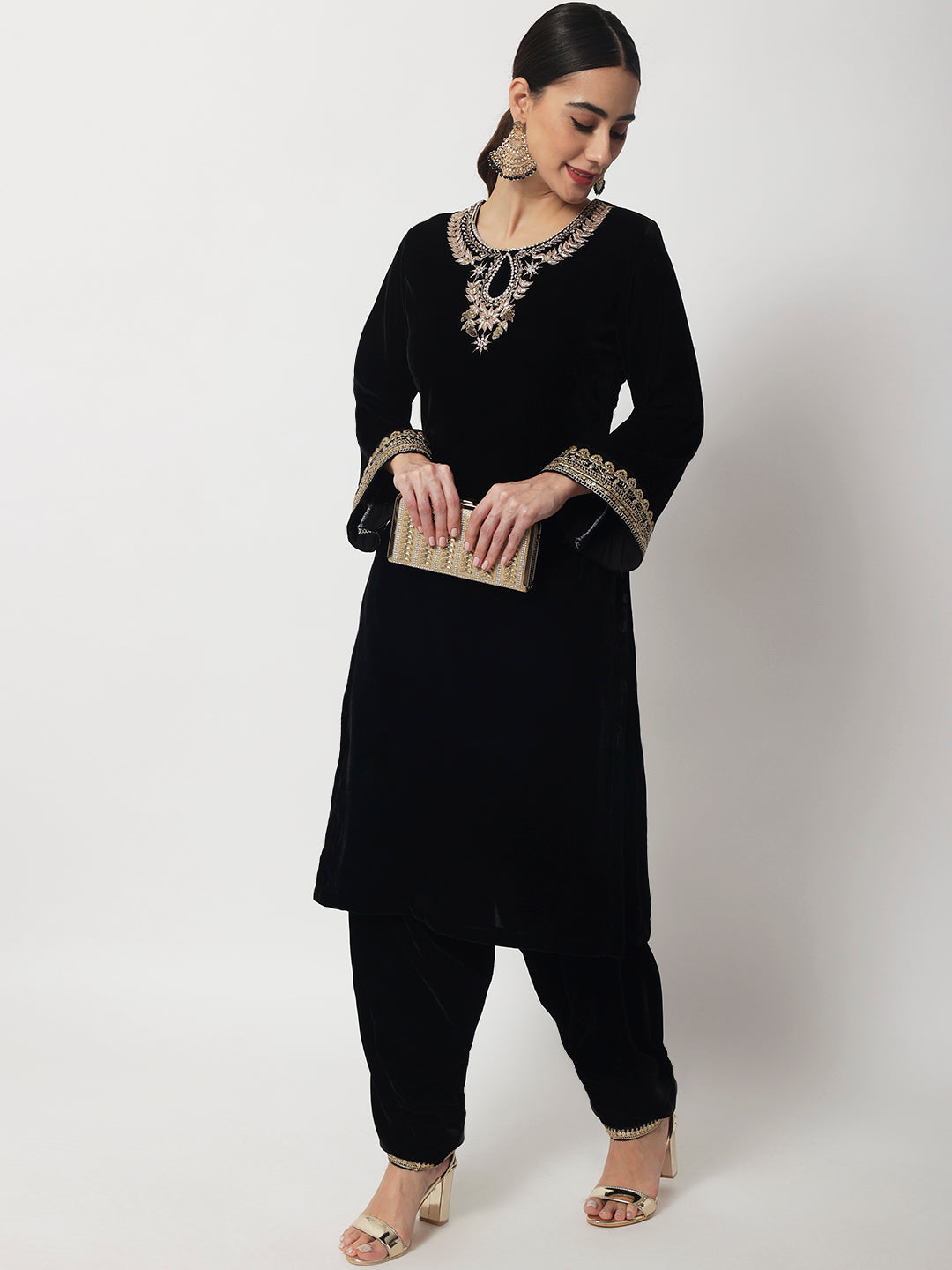 Women's Black Jewel Embroidered Velvet Kurti With Salwar - Anokherang