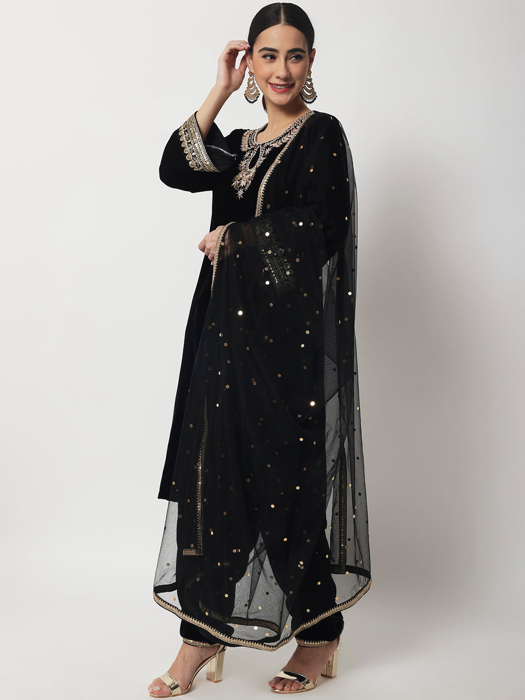 Women's Black Jewel Embroidered Velvet Kurti With Salwar And Net Dupatta - Anokherang