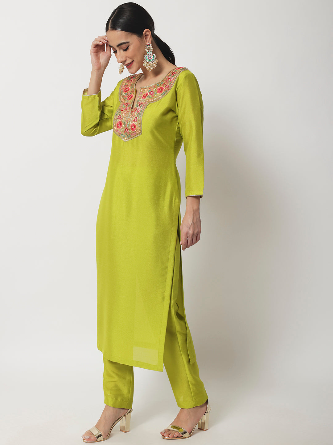 Women's Lime Green Floral Embroidered Kurti With Straight Pants - Anokherang