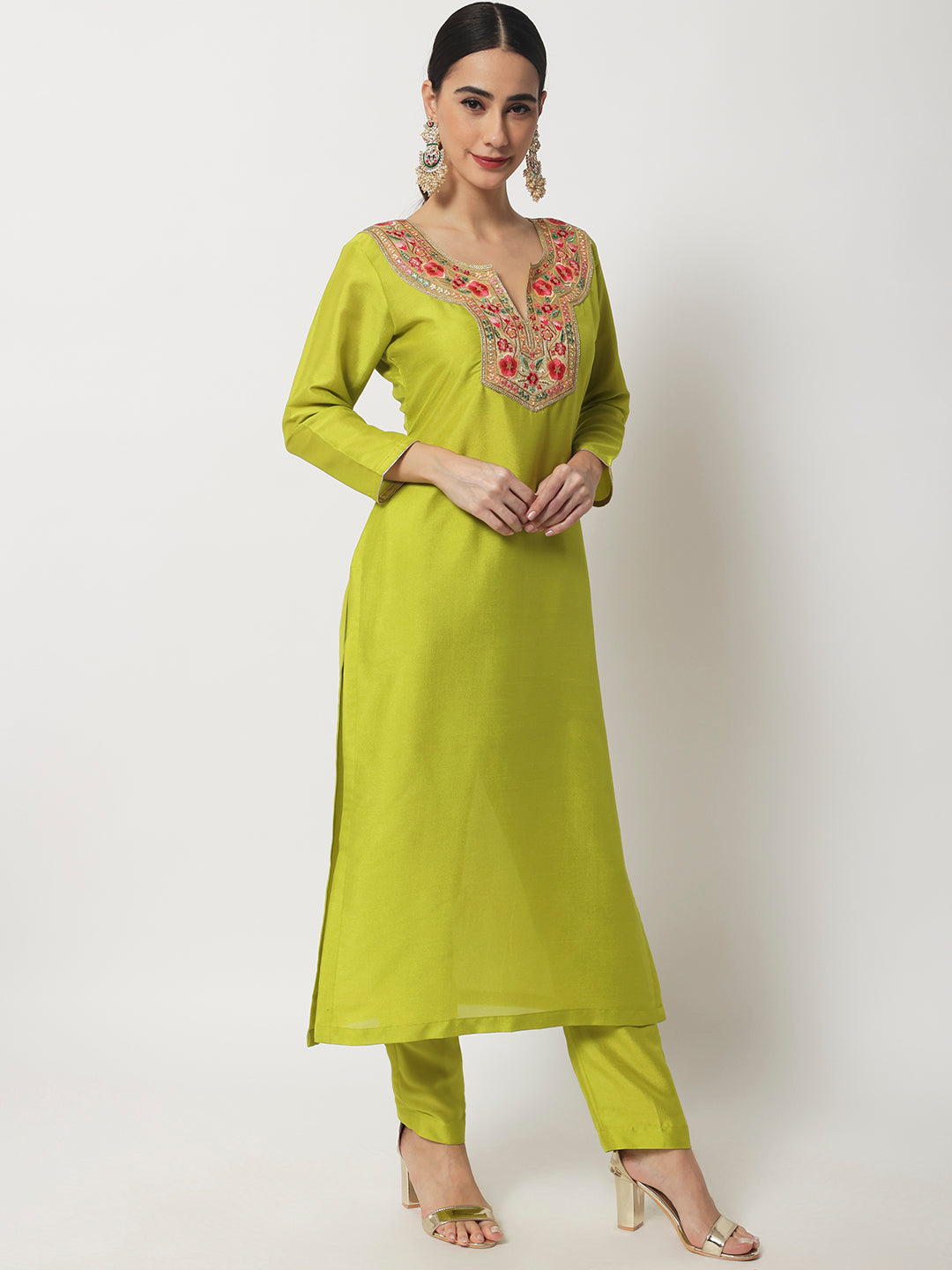 Women's Lime Green Floral Embroidered Kurti With Straight Pants And Chiffon Dupatta - Anokherang