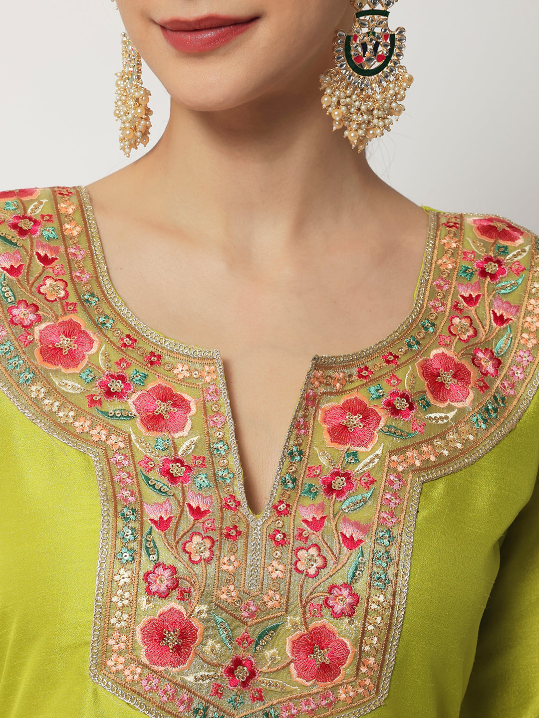 Women's Lime Green Floral Embroidered Kurti With Straight Pants And Chiffon Dupatta - Anokherang