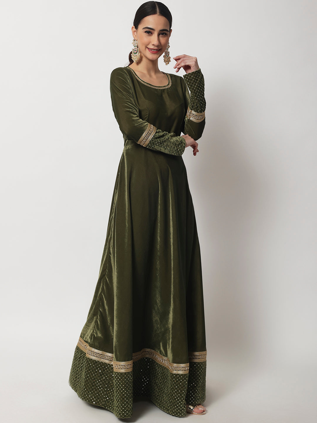 Women's Olive Green Shine Velvet Floorlength With Net Sequin Dupatta - Anokherang