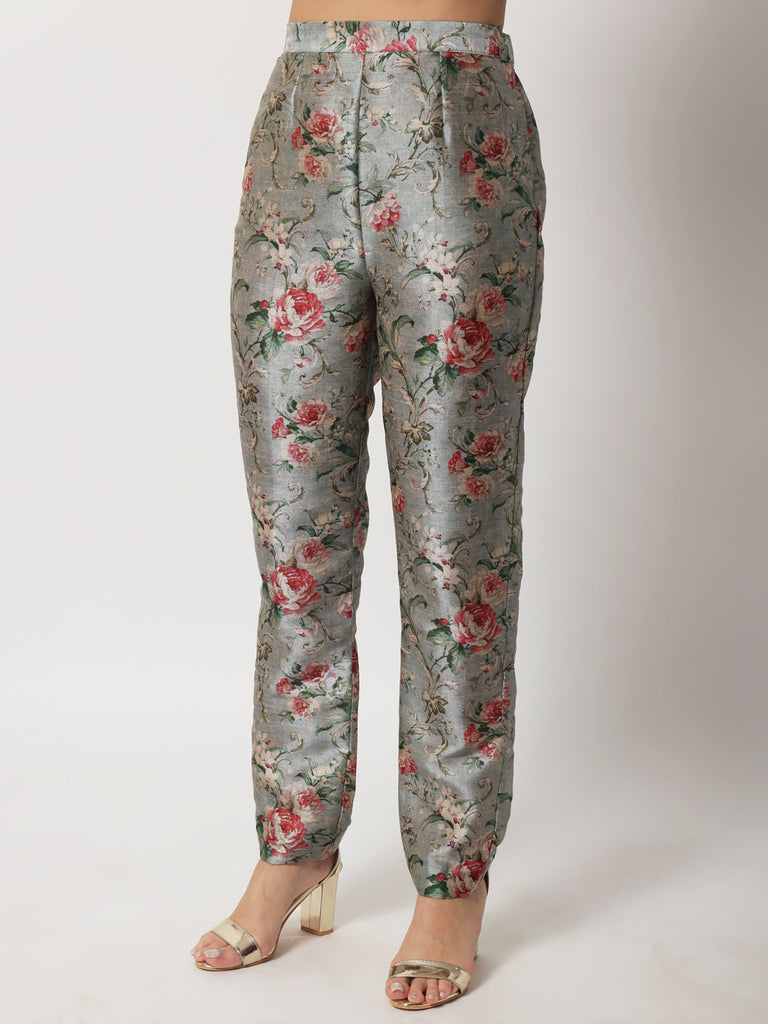 Women's Blue Gray Floral Printed Kurti With Straight Pants And Organza Dupatta