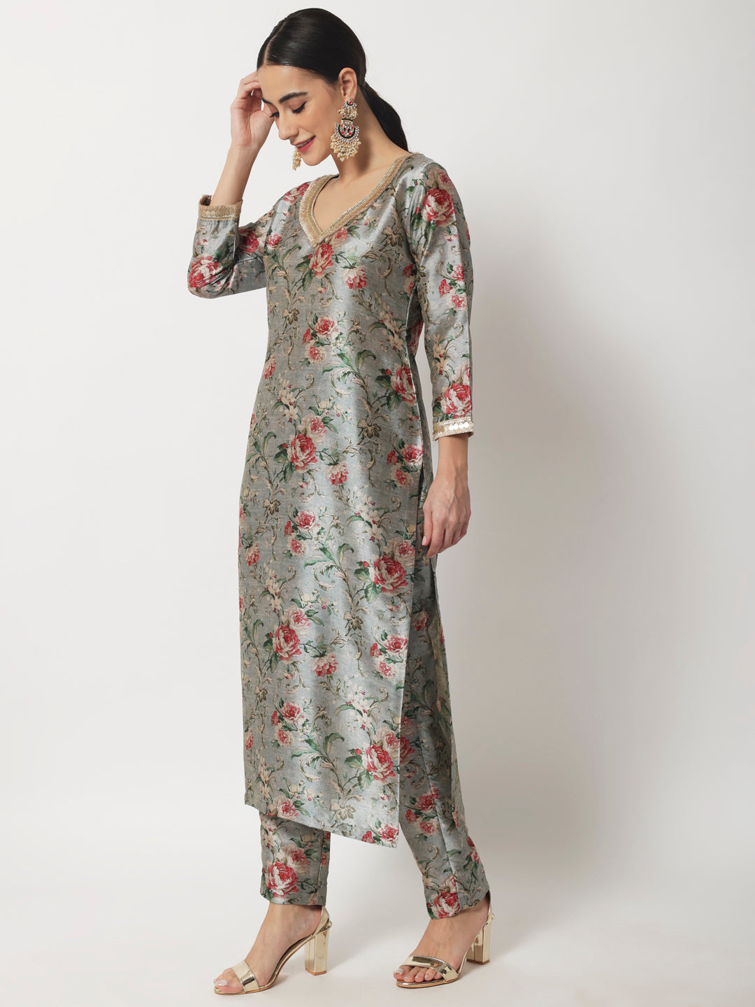 Women's Blue Gray Floral Printed Kurti With Straight Pants