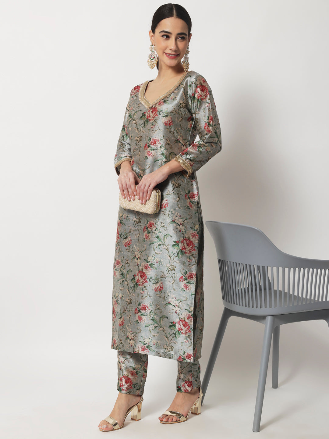 Women's Blue Gray Floral Printed Kurti With Straight Pants