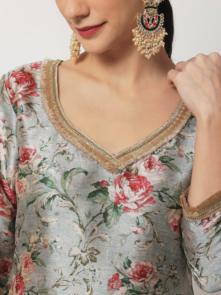 Women's Blue Gray Floral Printed Kurti With Straight Pants And Organza Dupatta