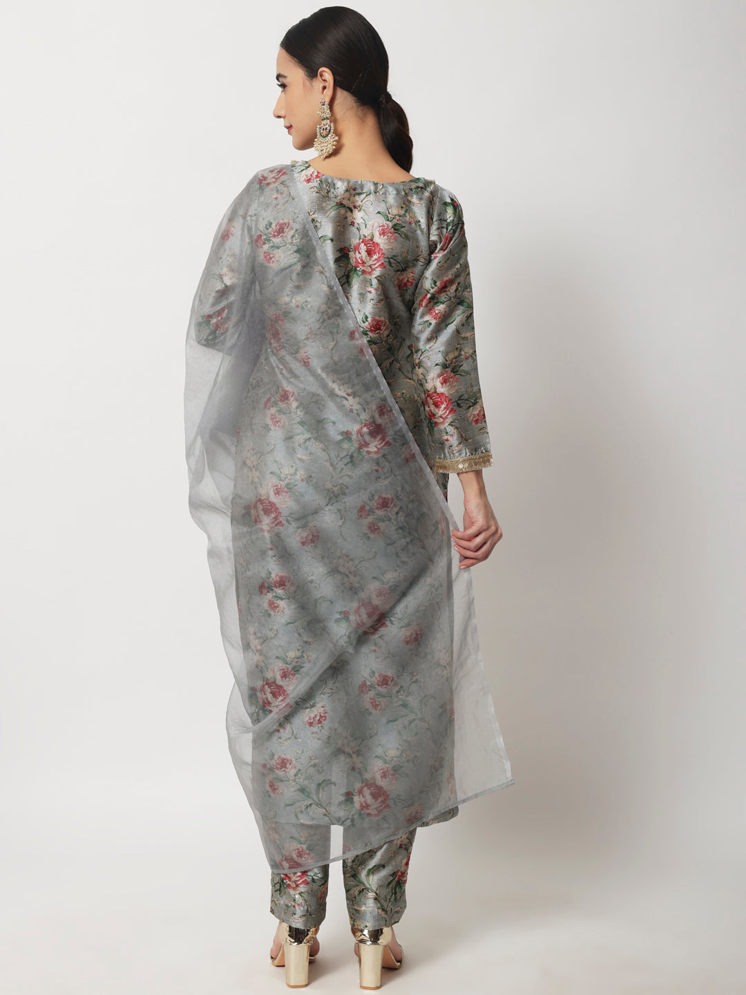 Women's Blue Gray Floral Printed Kurti With Straight Pants And Organza Dupatta