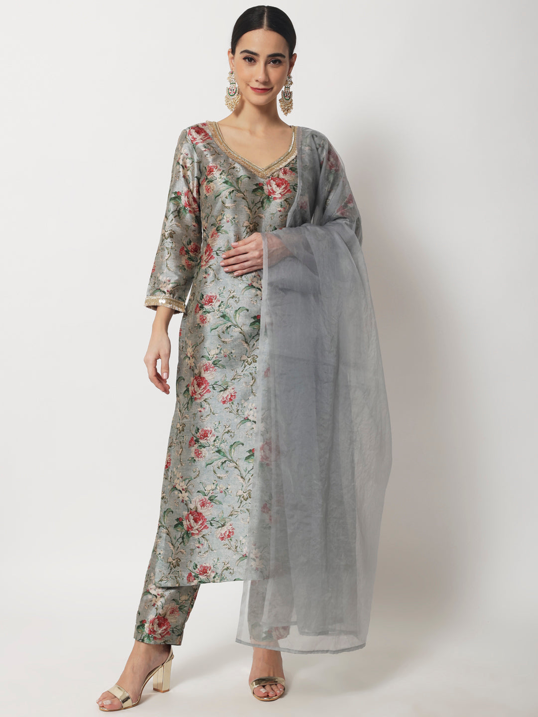 Women's Blue Gray Floral Printed Kurti With Straight Pants And Organza Dupatta