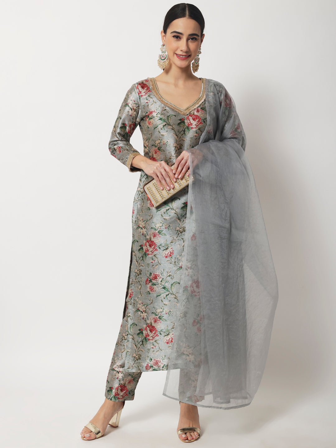 Women's Blue Gray Floral Printed Kurti With Straight Pants And Organza Dupatta - Anokherang