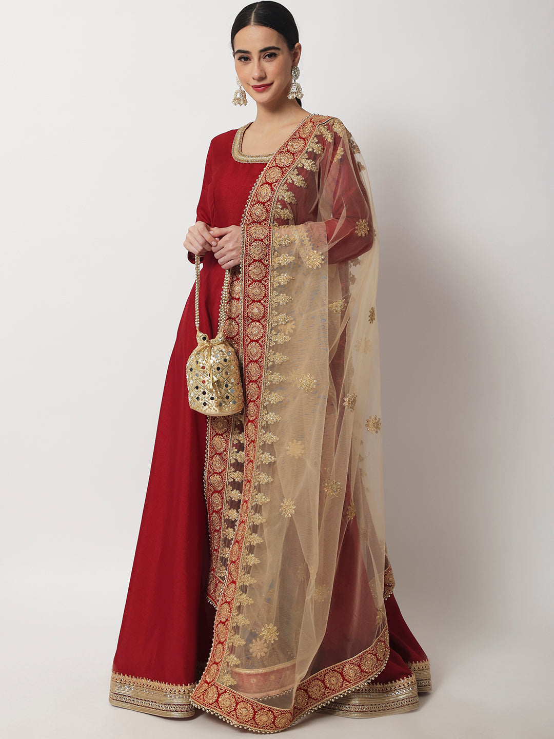 Women's Bridal Maroon Beauty Silk Floorlength With Embroidered Dupatta - Anokherang